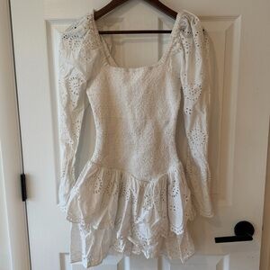 LoveShackFancy White Eyelet Lace Dress Cedria Puff Sleeve Ruffe Mini Dress